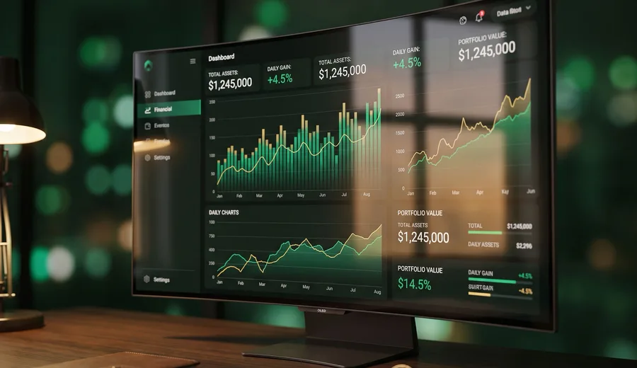 Monitor exibindo dashboard financeiro com gráficos verdes e dourados