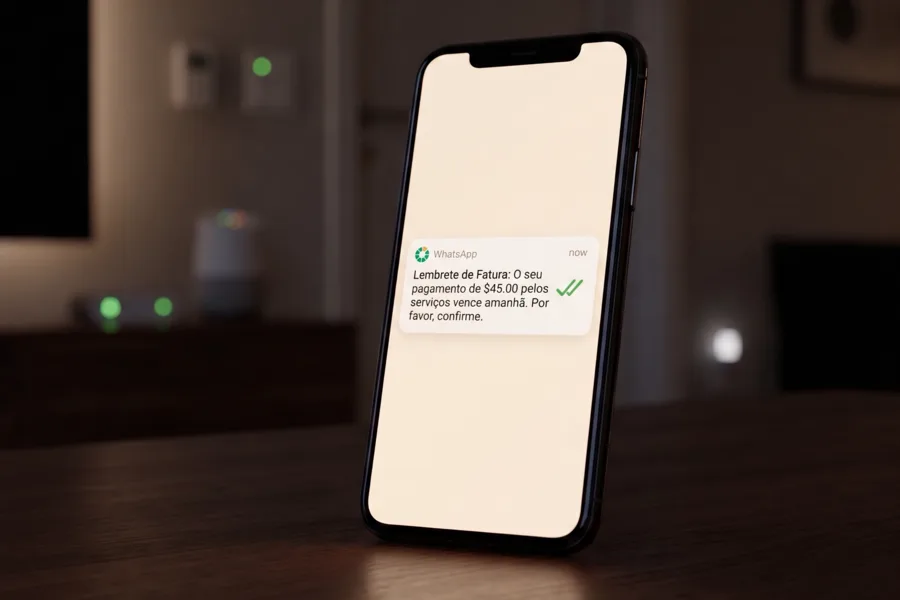 Celular exibindo lembrete de fatura no WhatsApp com check verde de enviado